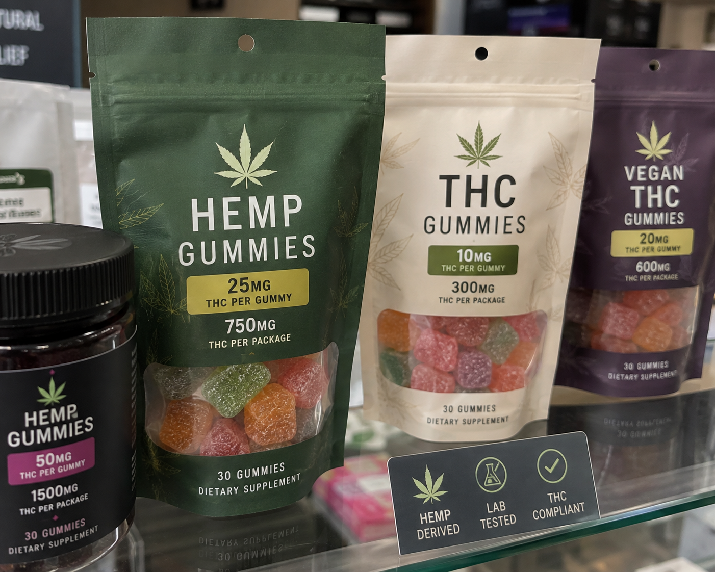 Generic THC/Hemp gummies packages on a store shelf. AI-created image.