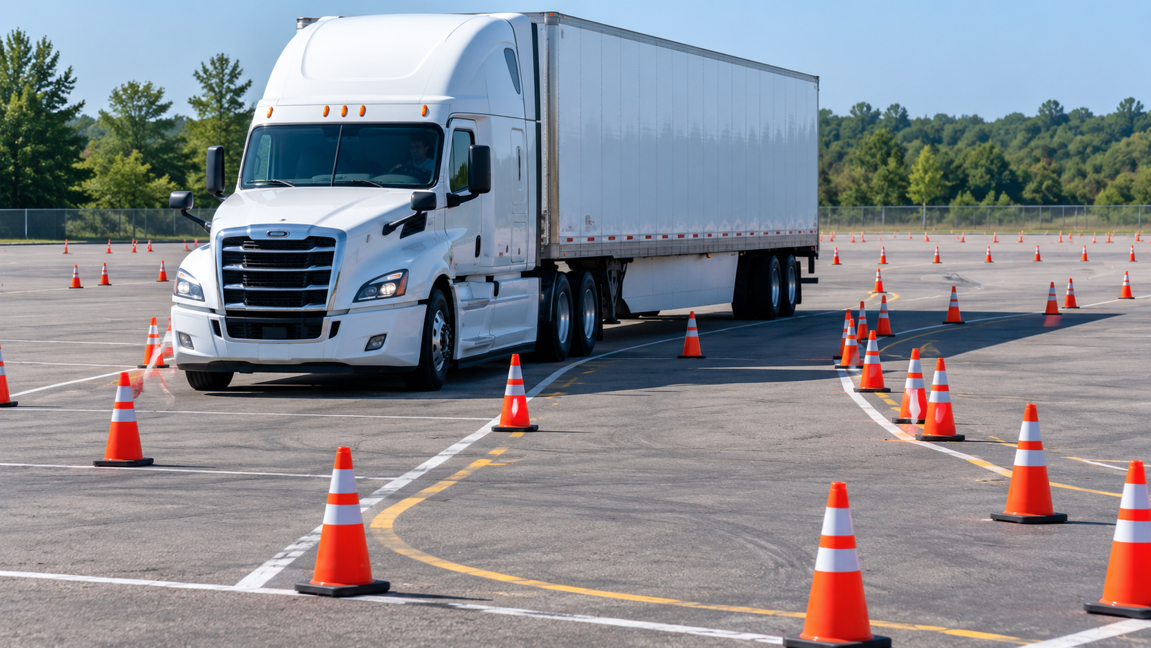 White semi-truck on a driving school course maneuvering around orange cones.